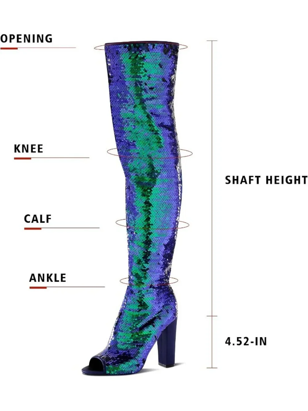 Women's Blue Chunky High Heels Open Toe Sequin Over The Knee Thigh High Boots